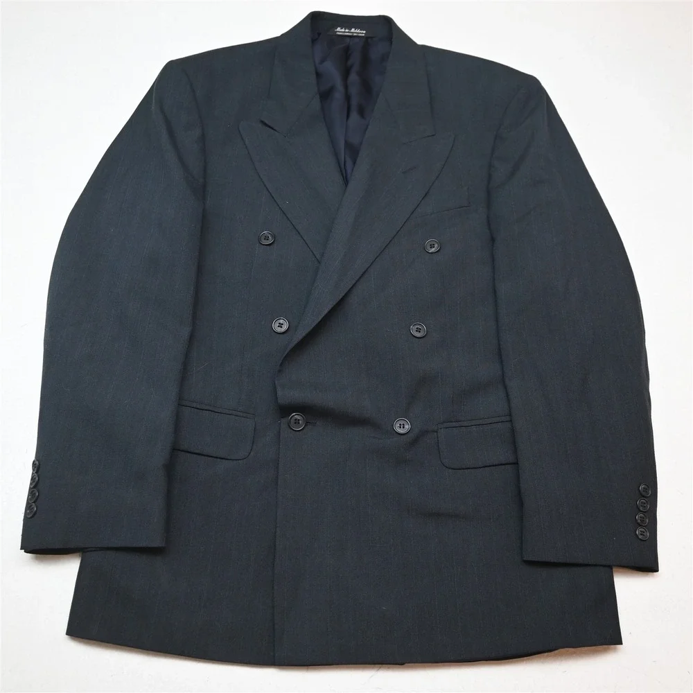 Vtg Y2K 2000s Double Breasted 38S 32x30 Blue Striped Wool Mens Jacket Pants Suit
